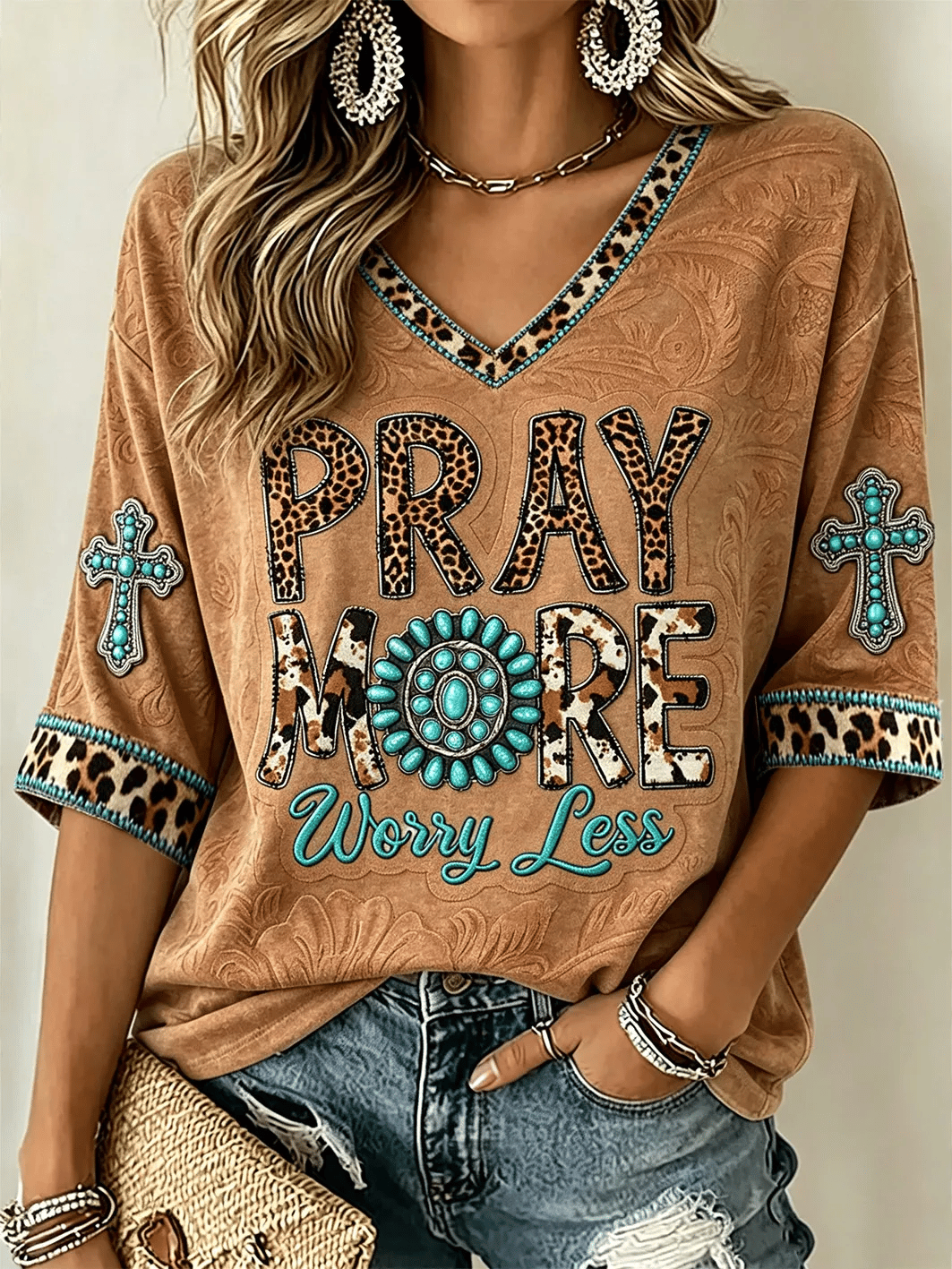 Women's Western-Style PRAY MORE WORRY LESS Graphic Casual T-Shirt