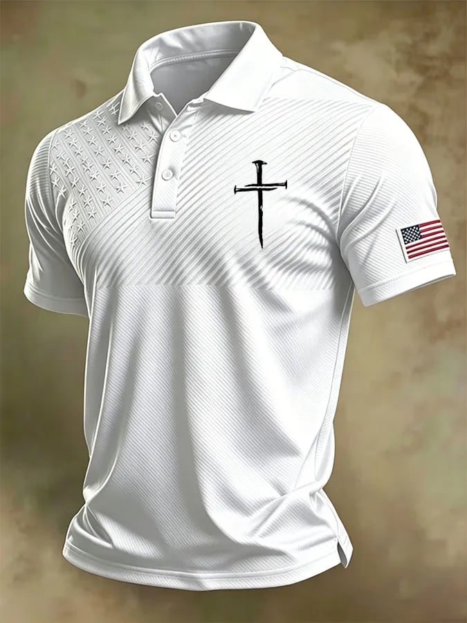 Men'S National Flag And Cross Print Casual Polo Shirt