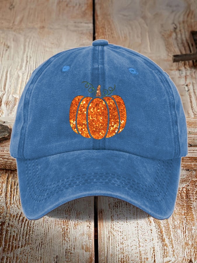 Unisex Washed Sequin Fall Pumpkin Print Hat