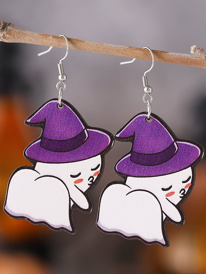 Halloween Funny Ghost Pendant Wooden Double-Sided Earrings