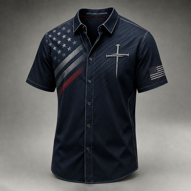 Men’s Navy Blue Faith Patriotic Cross Short Sleeve Shirt
