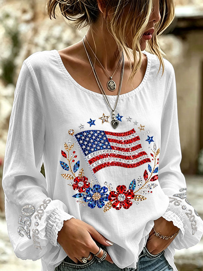 Women'S America Flag Printed Casual Cotton And Linen Top
