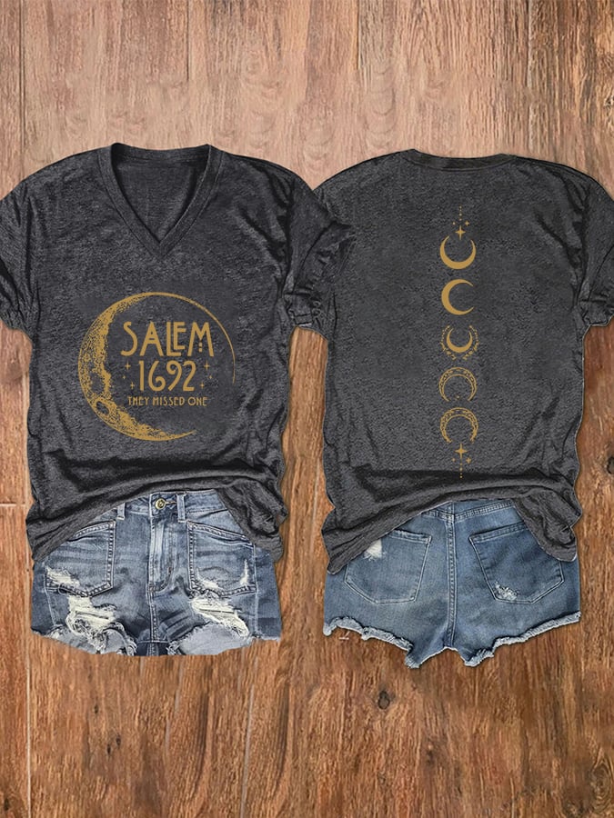 Women's Halloween Salem 1692 They Missed One Print V-Neck T-Shirt