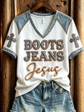Women's Western Boots Jeans Jesus Denim Art Print short-sleeved T-shirt