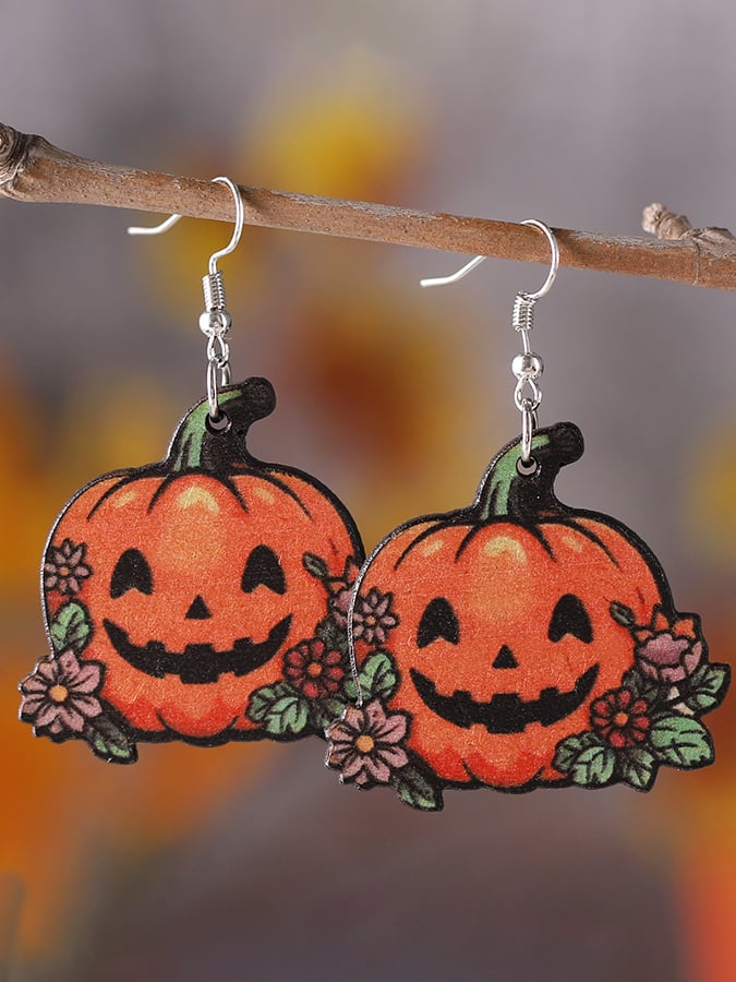 Halloween Gothic Ghost Face Pumpkin Witch Hat Pendant Wooden Double Sided Earrings