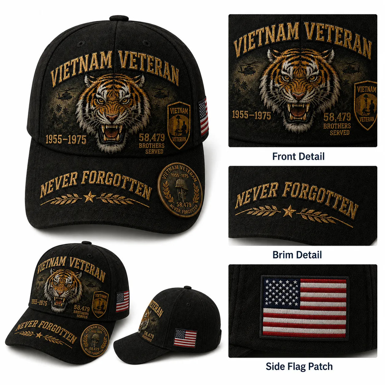 Handmade Vietnam Veteran Tiger Spirit 1955–1975 Commemorative Cap 🇺🇸