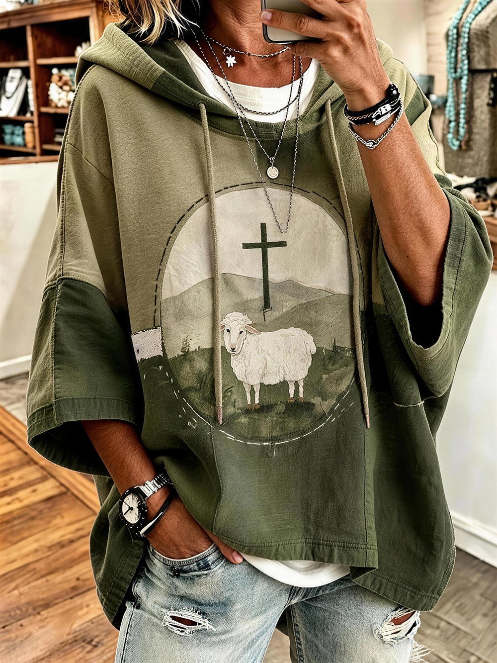 Women's Faith Print Crew Neck Mid-Sleeve Sweatshirt