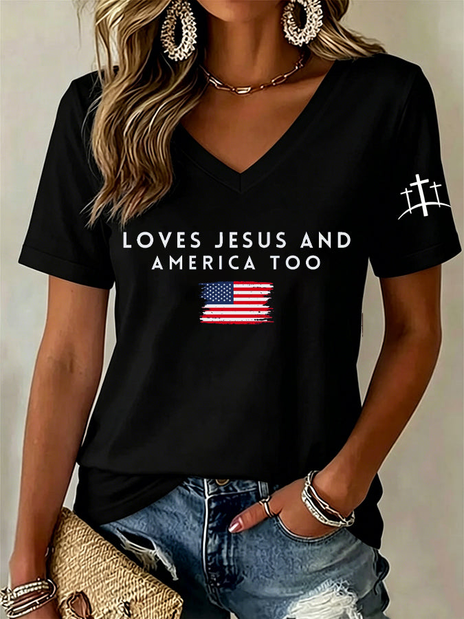 Women'S Love Jesus And America Too Print Printed T-Shirt