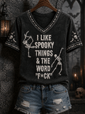 Women's Funny Skeleton I Love Halloween Things & The Word F*ck Print Casual V-Neck Tee