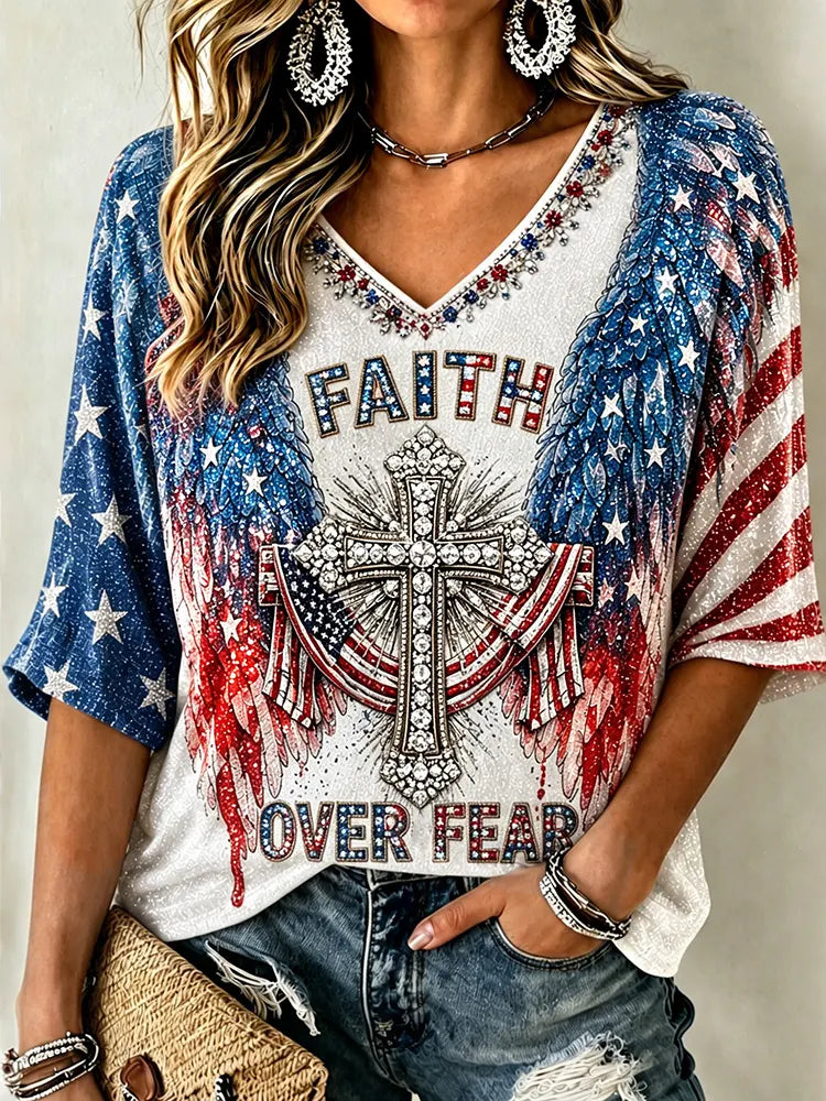 Women's Independence Day Faith Flag Print V-neck Short Sleeve T-shirt