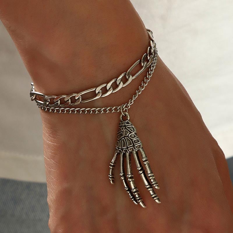 Fashionable And Creative Ghost Claw Skull Pendant Double Layer Silver Bracelet