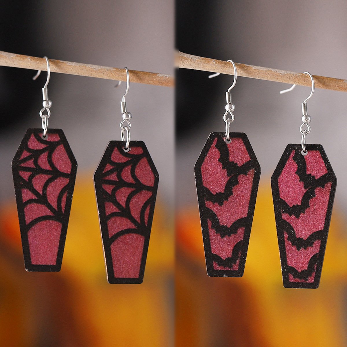 Women's Halloween Coffin Bats Wood Earrings