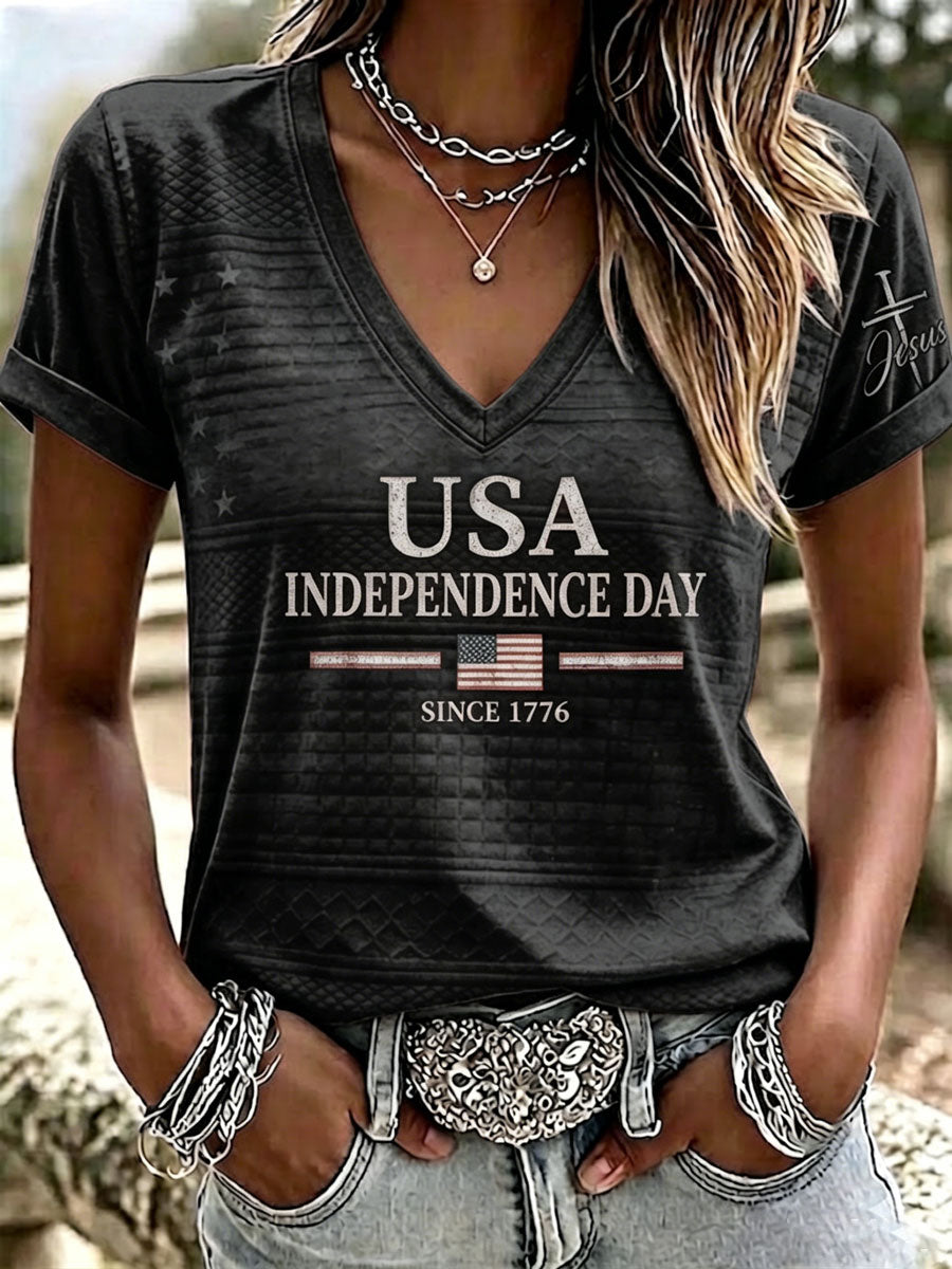 Women'S America Flag  Faith Print Casual V-Neck T-Shirt