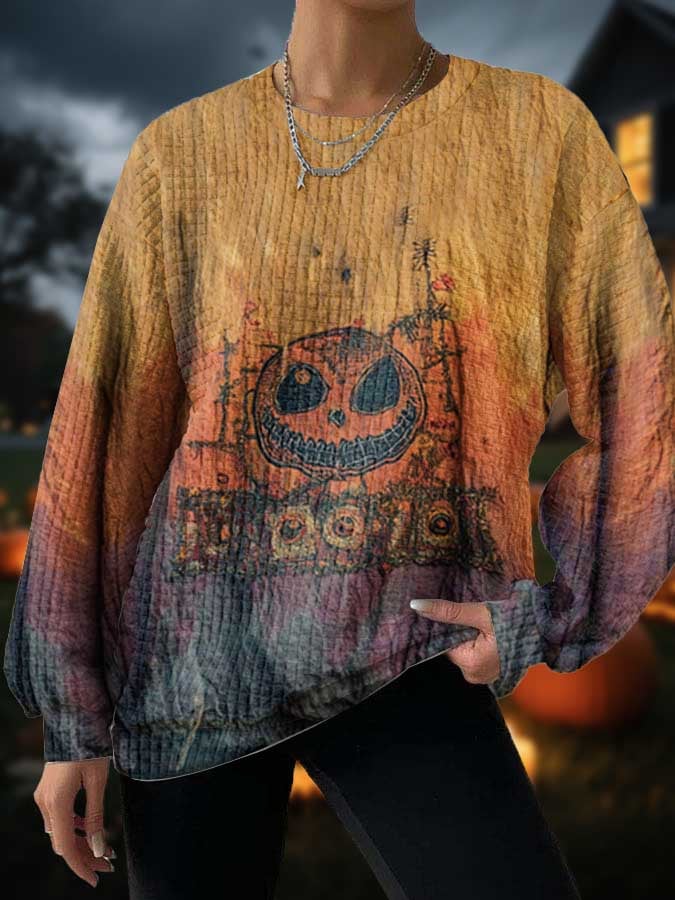 Women's Halloween Pumpkin Face Printed Crew Neck Sweatshirt