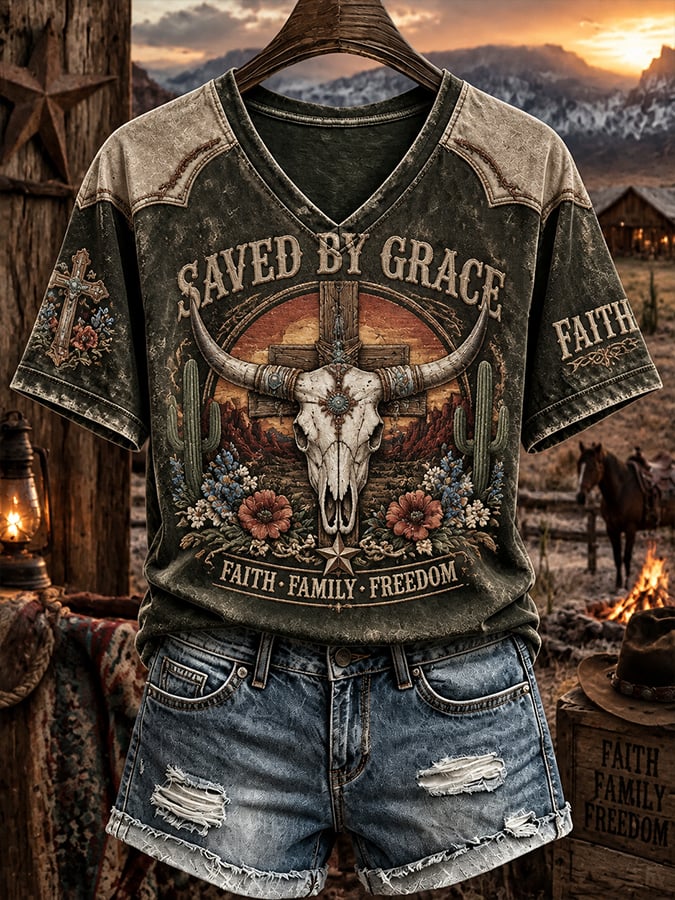 Women's Retro Western Faith Printed T-shirt