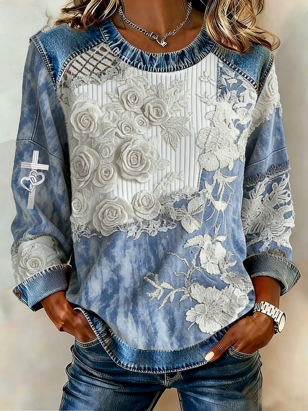 Women's winter blue and white floral print round neck top