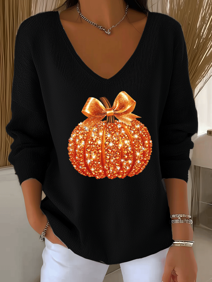 Women's Sequined Pumpkin Print Knit V-Neck Top