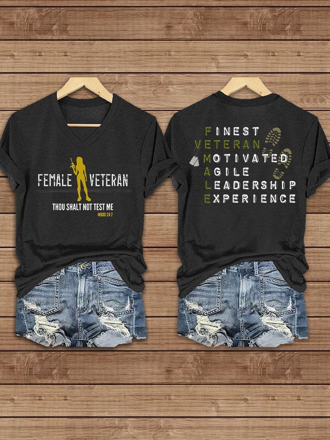 Women's Proud Female Veteran Printed V-Neck T-Shirt
