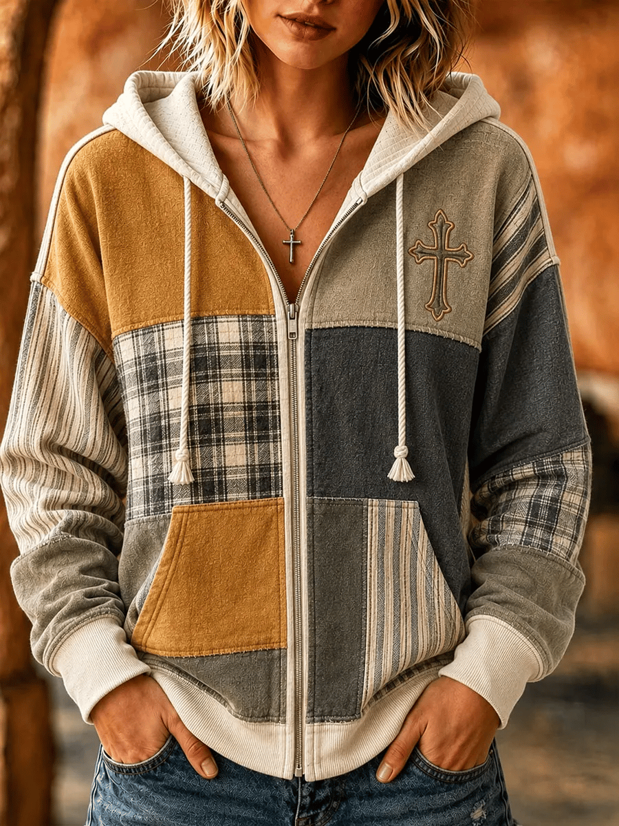 Women's Retro Faith Print Zip-Up Hooded Sweatshirt