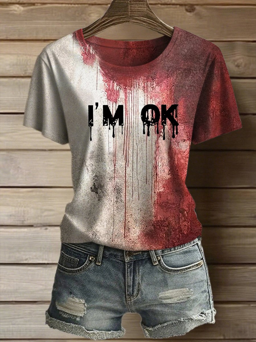 Women's Retro Funny I'M OK Bloodstained Printed T-Shirt