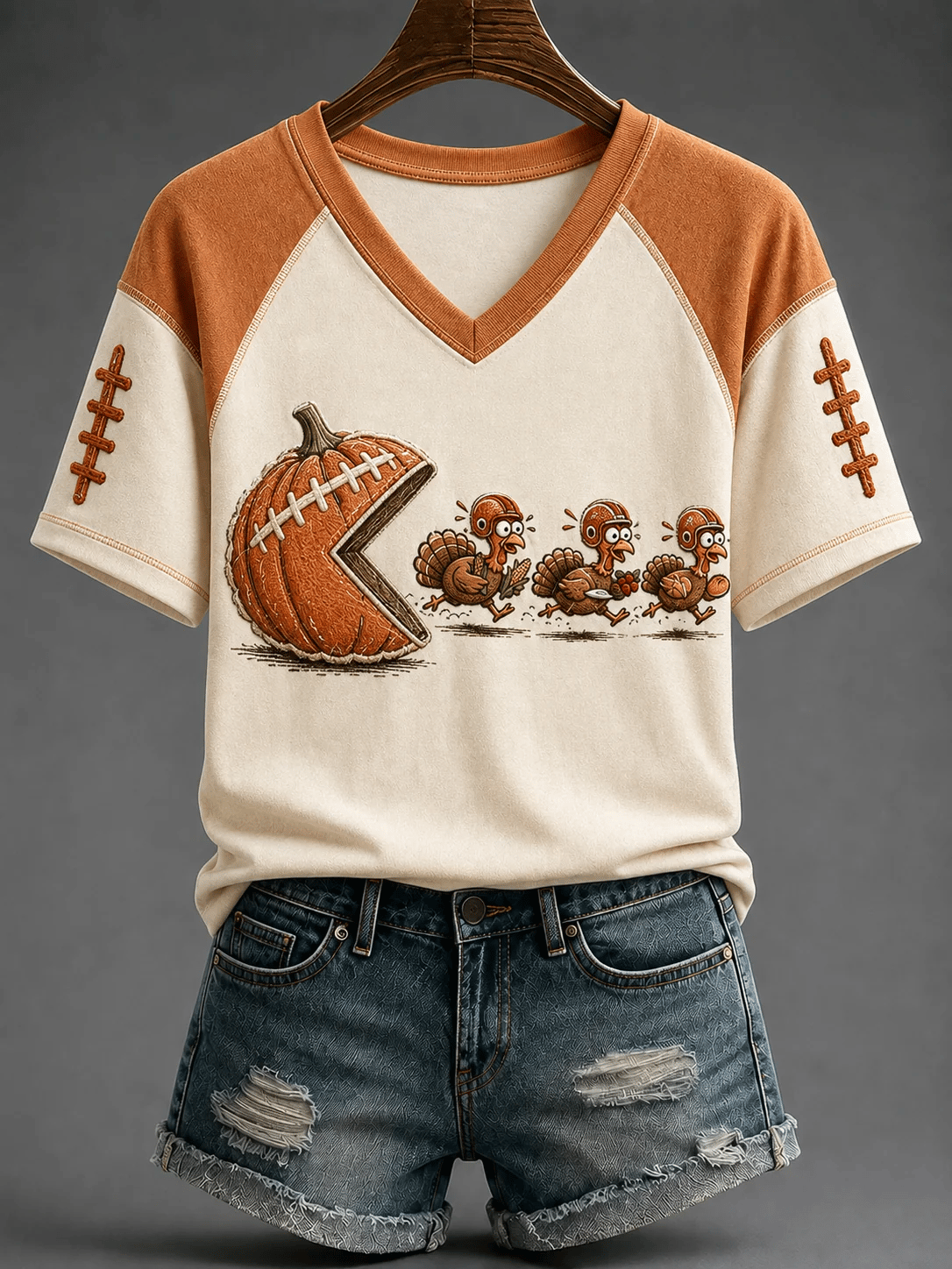 Women's Fun Turkey Football V-neck Off-shoulder Short-sleeved T-shirt