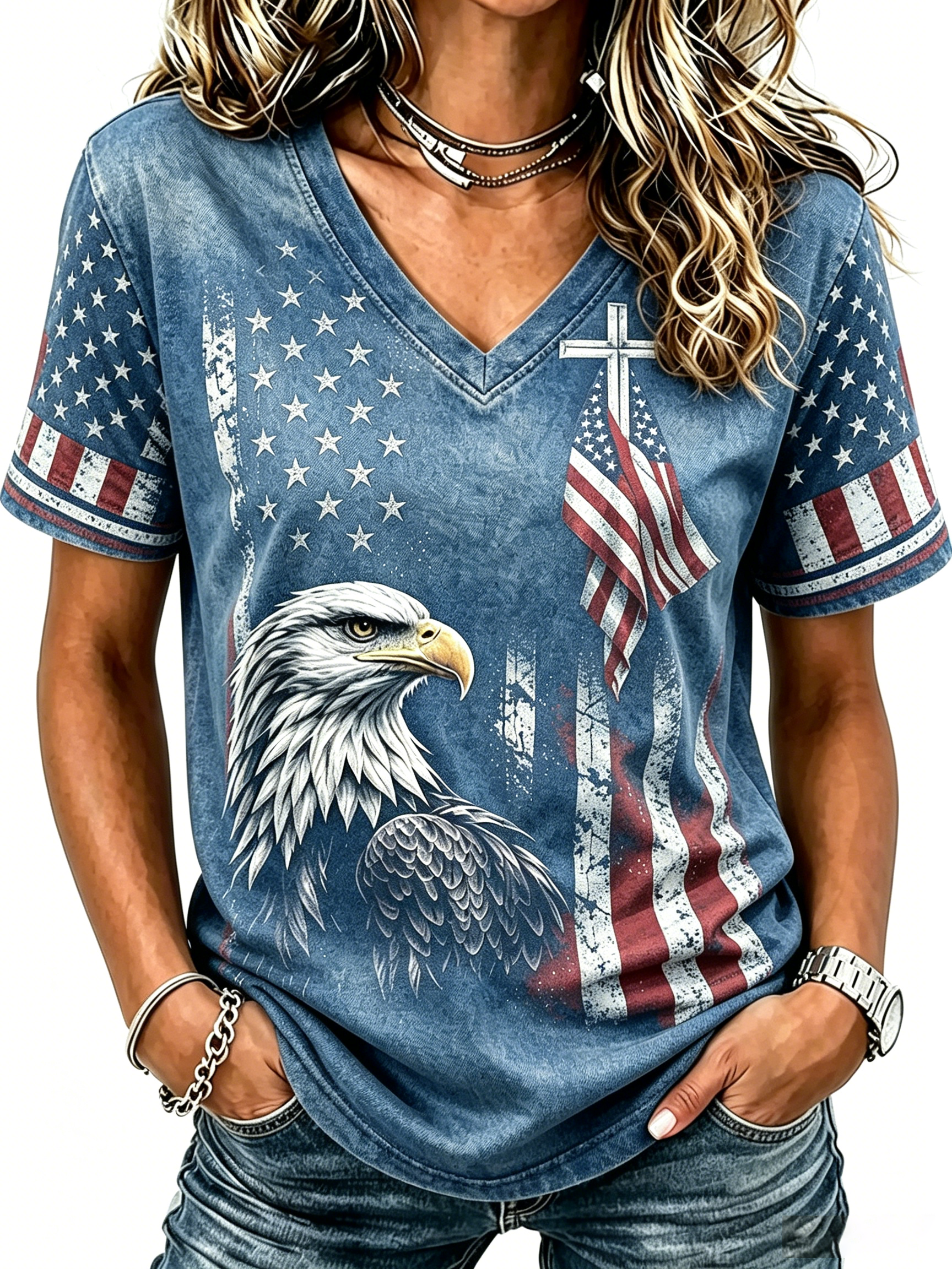 American Cross Flag Commemorative Print V-Neck Top