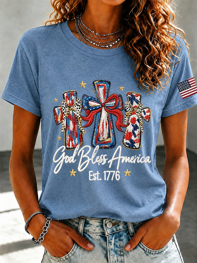 Women'S Casual Faith Floral Print Round Neck Short Sleeved T-Shirt