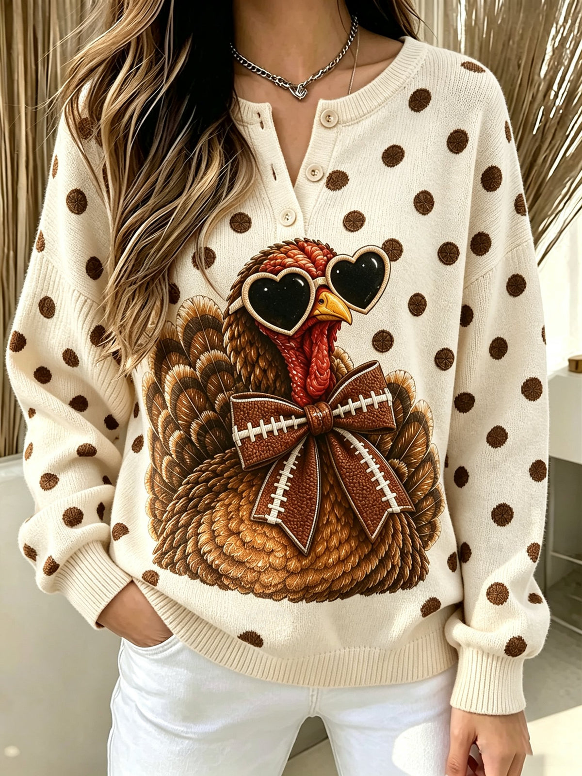 Women'sFun Turkey Football Art-Print Knitted Top