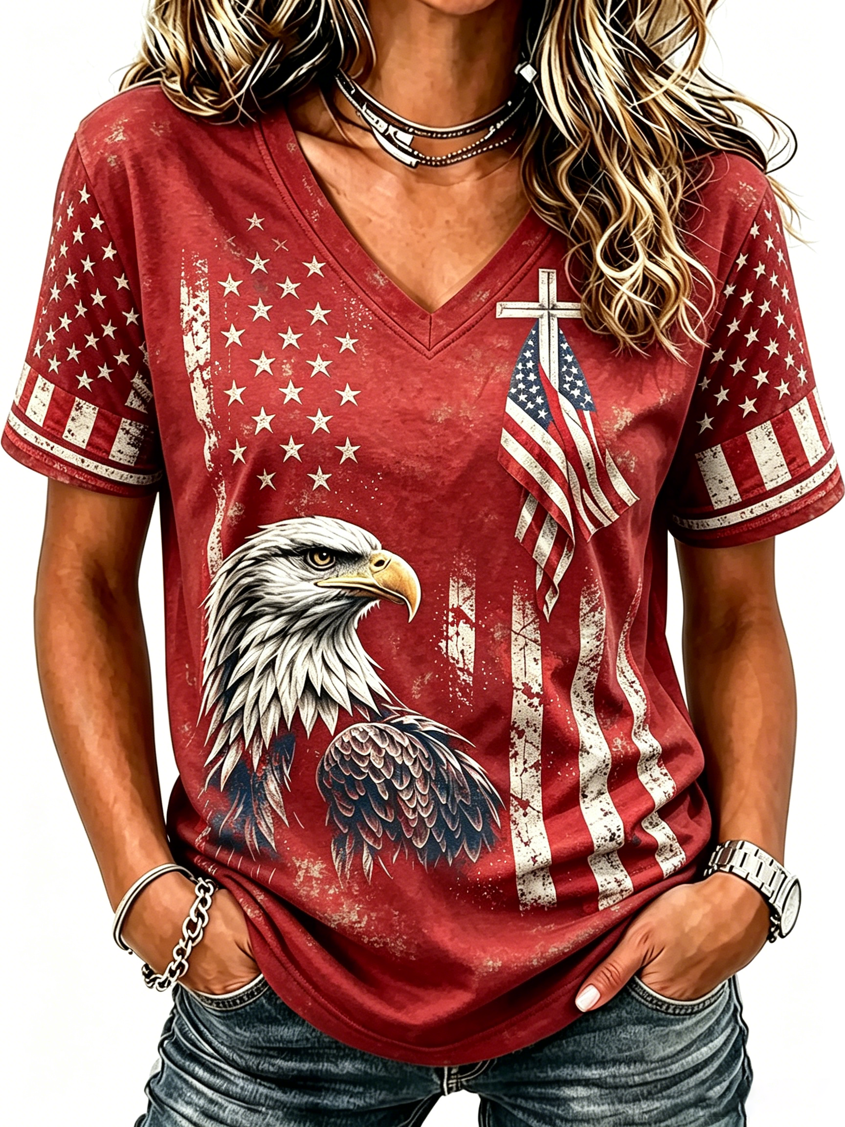 American Cross Flag Commemorative Print V-Neck Top