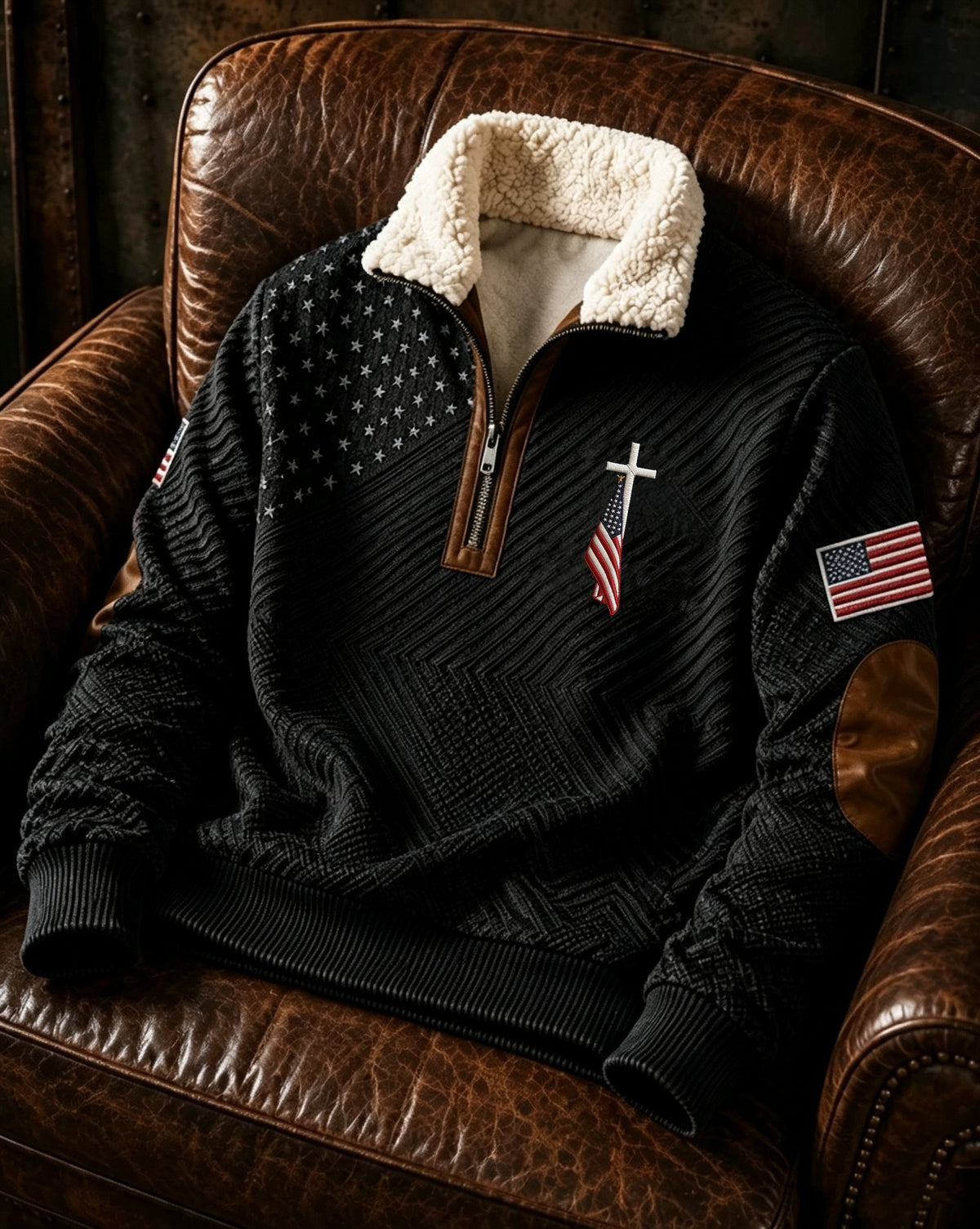 Men's Retro Style Art Print Jacquard Fabric Zipper Fur Collar Long Sleeve Sweatshirt