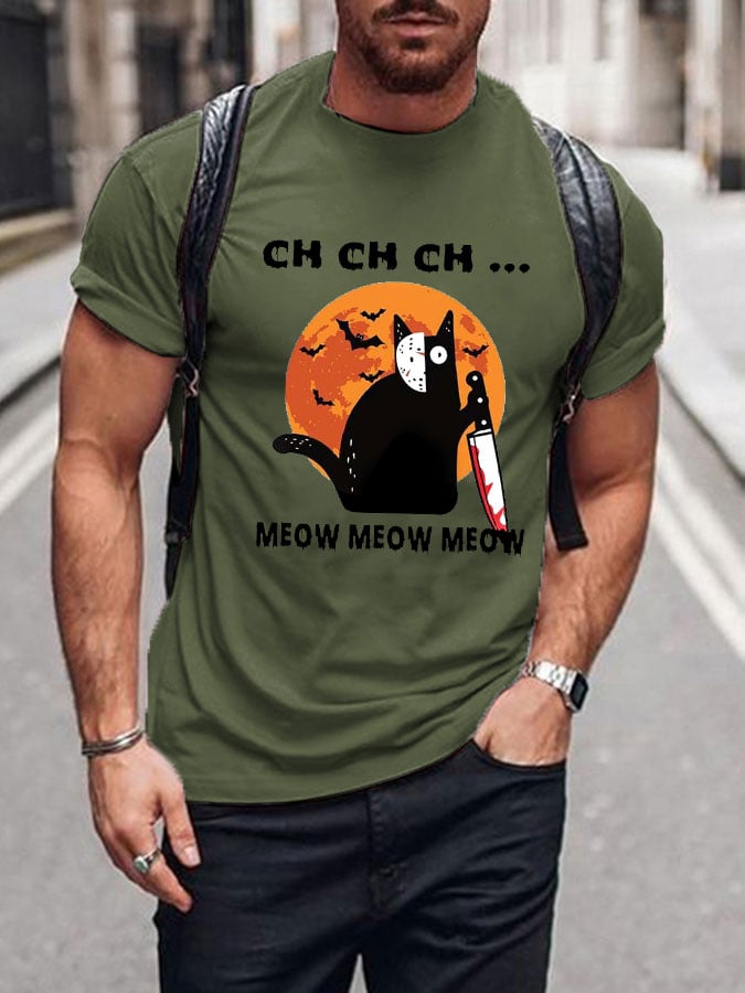 Men's Halloween Artistic Cat Print Short Sleeve T-shirt