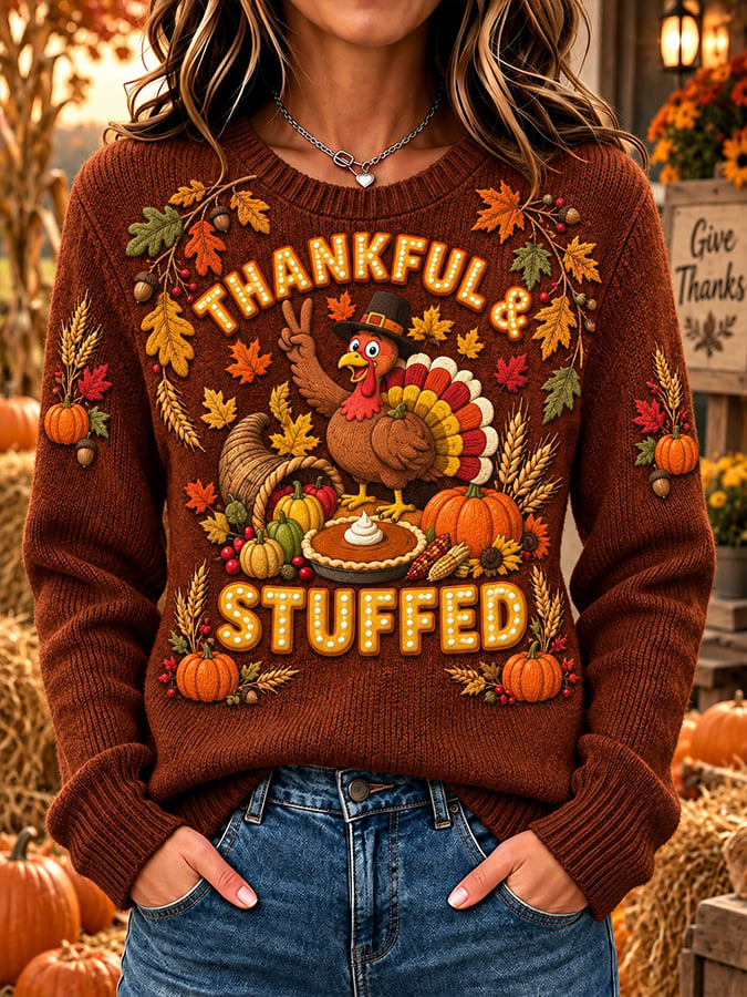 Women'S Thanksgiving Print Crew Neck Long-Sleeve Sweatshirt
