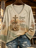 Women's Retro Western Print V-Neck Top