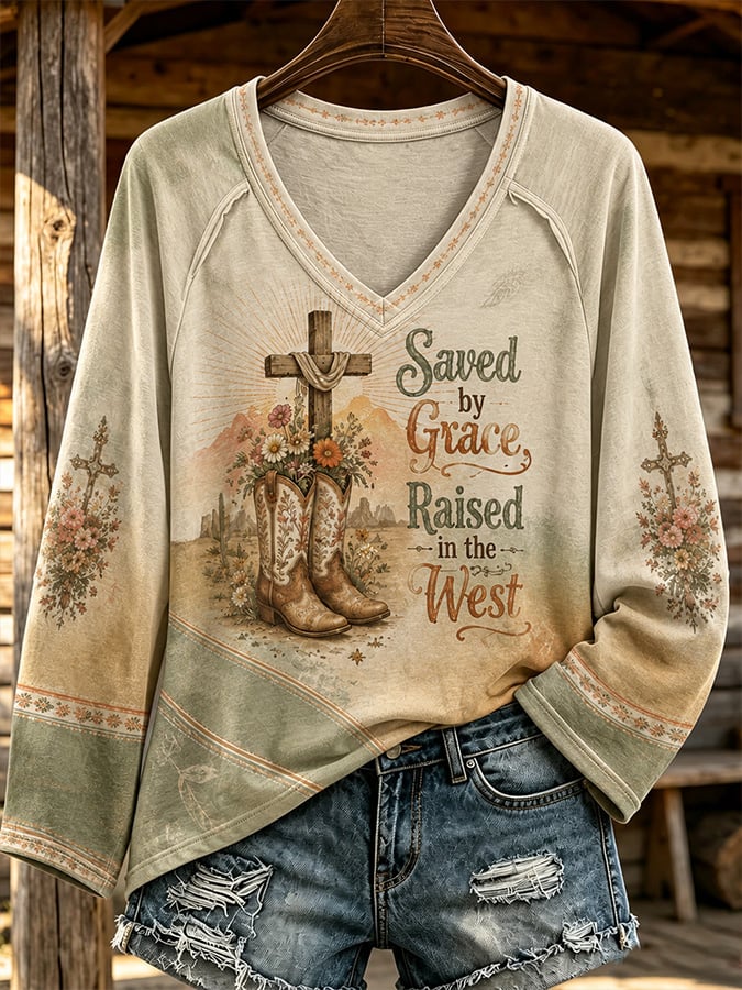 Women's Retro Western Print V-Neck Top