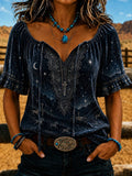 Women's Vintage-Style Western Print Top
