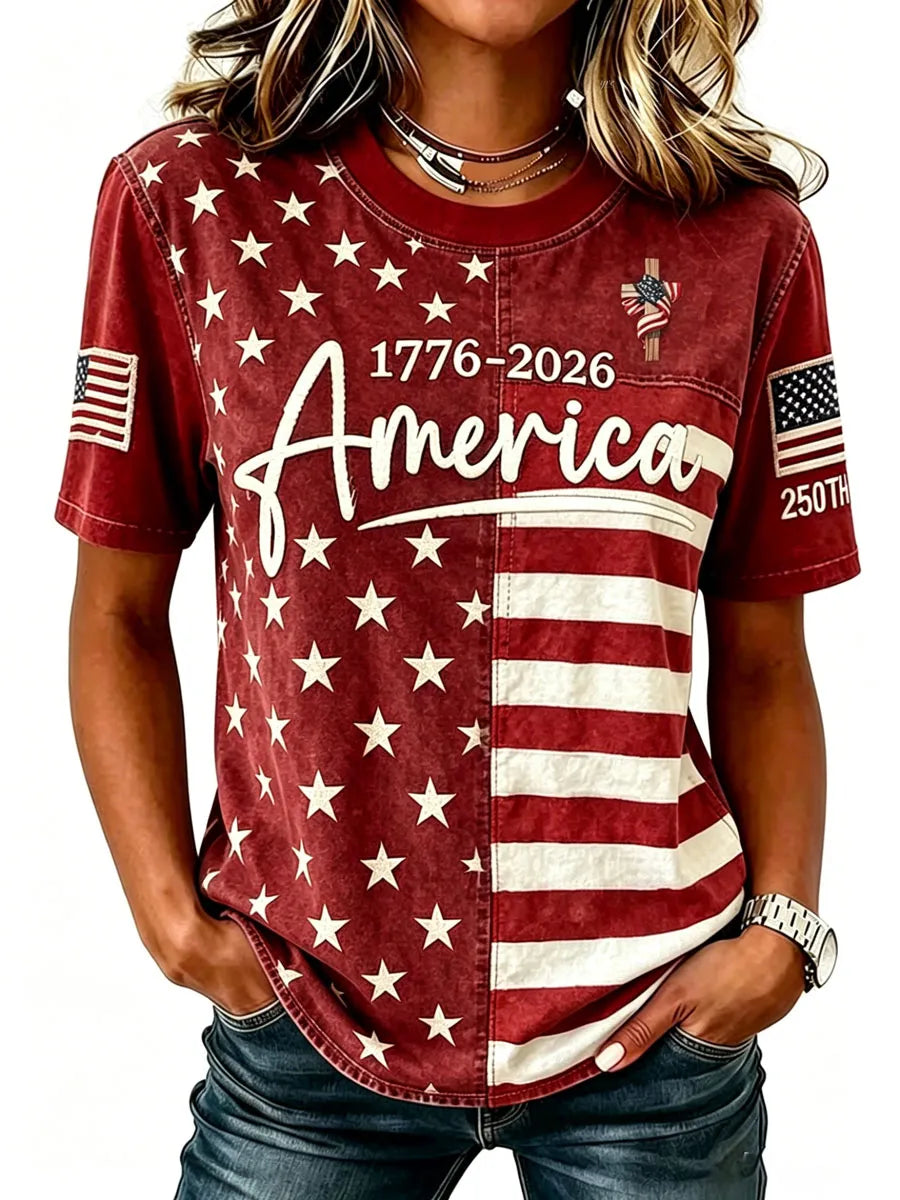 Ladies' Casual Round Neck American 250Th Anniversary Cross Print T-Shirt