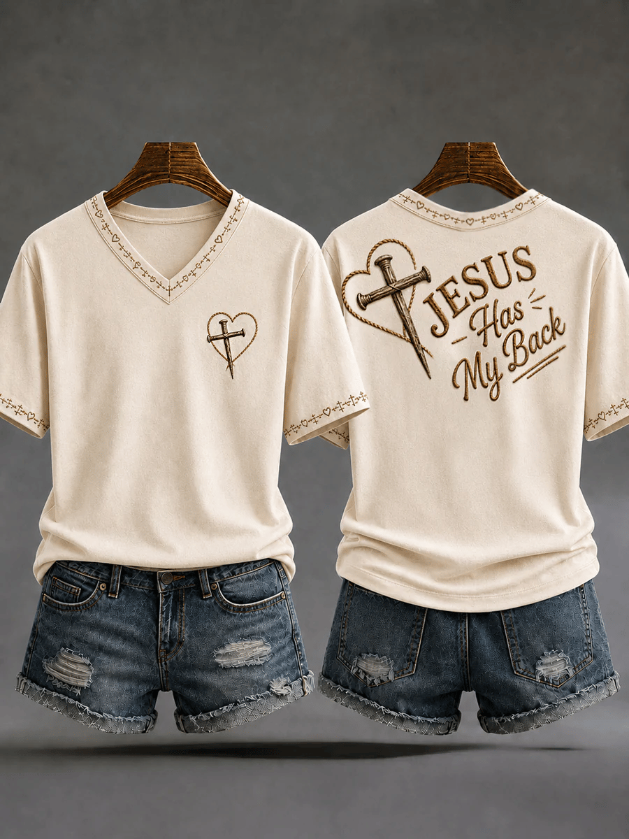 Women's  Retro  Jesus Has My Back Christian Cross Print T-shirt