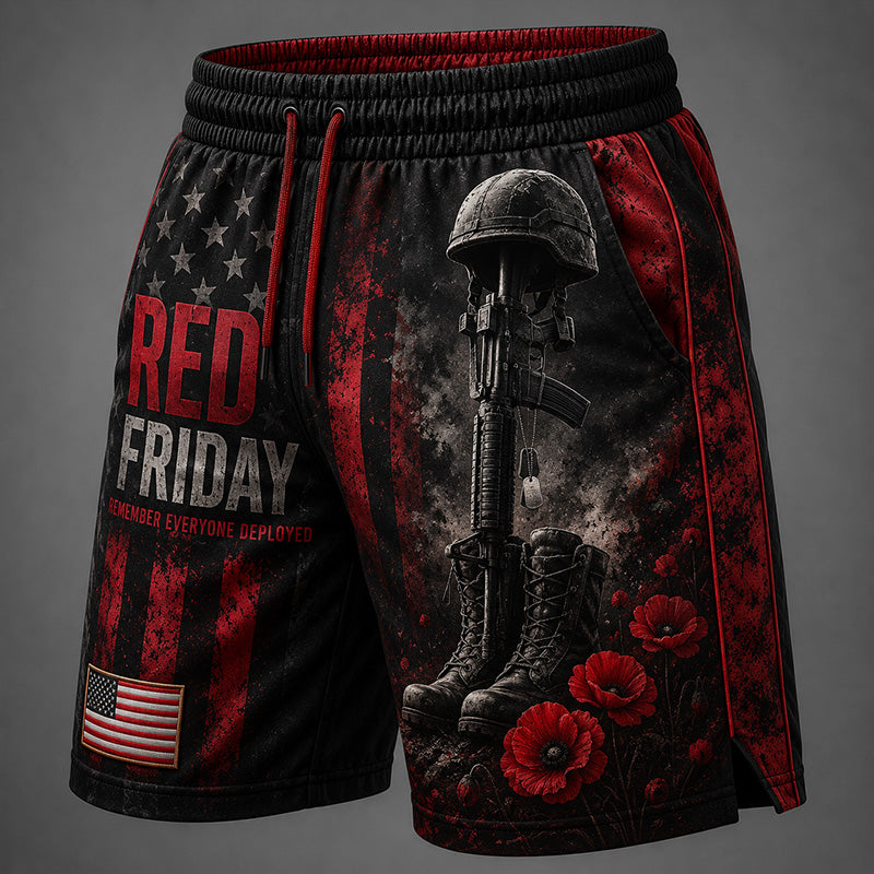Red Friday American-Style Graphic Print Athletic Casual Shorts