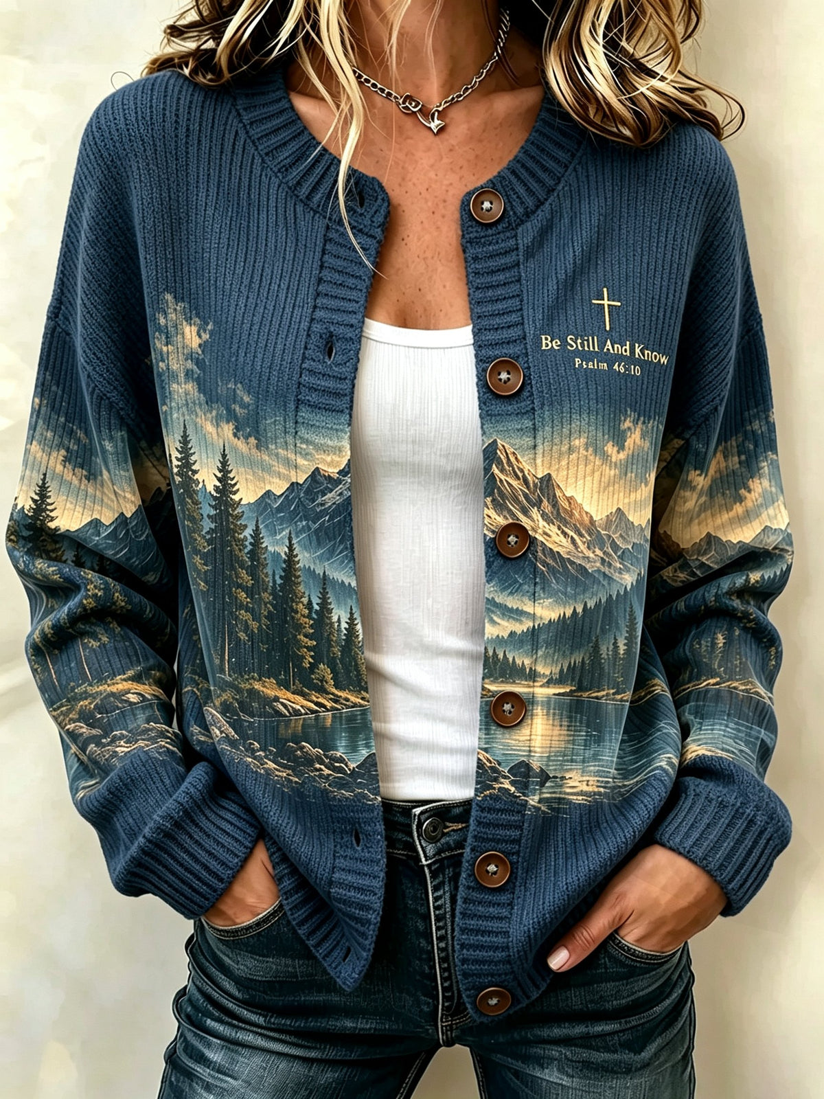 Women's Be Still And Know Psalm 46:10 Print Knit Cardigan