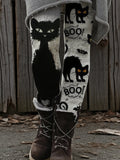 Women's Autumn and Winter Halloween Retro Cute Black Cat Printed Holiday Pants