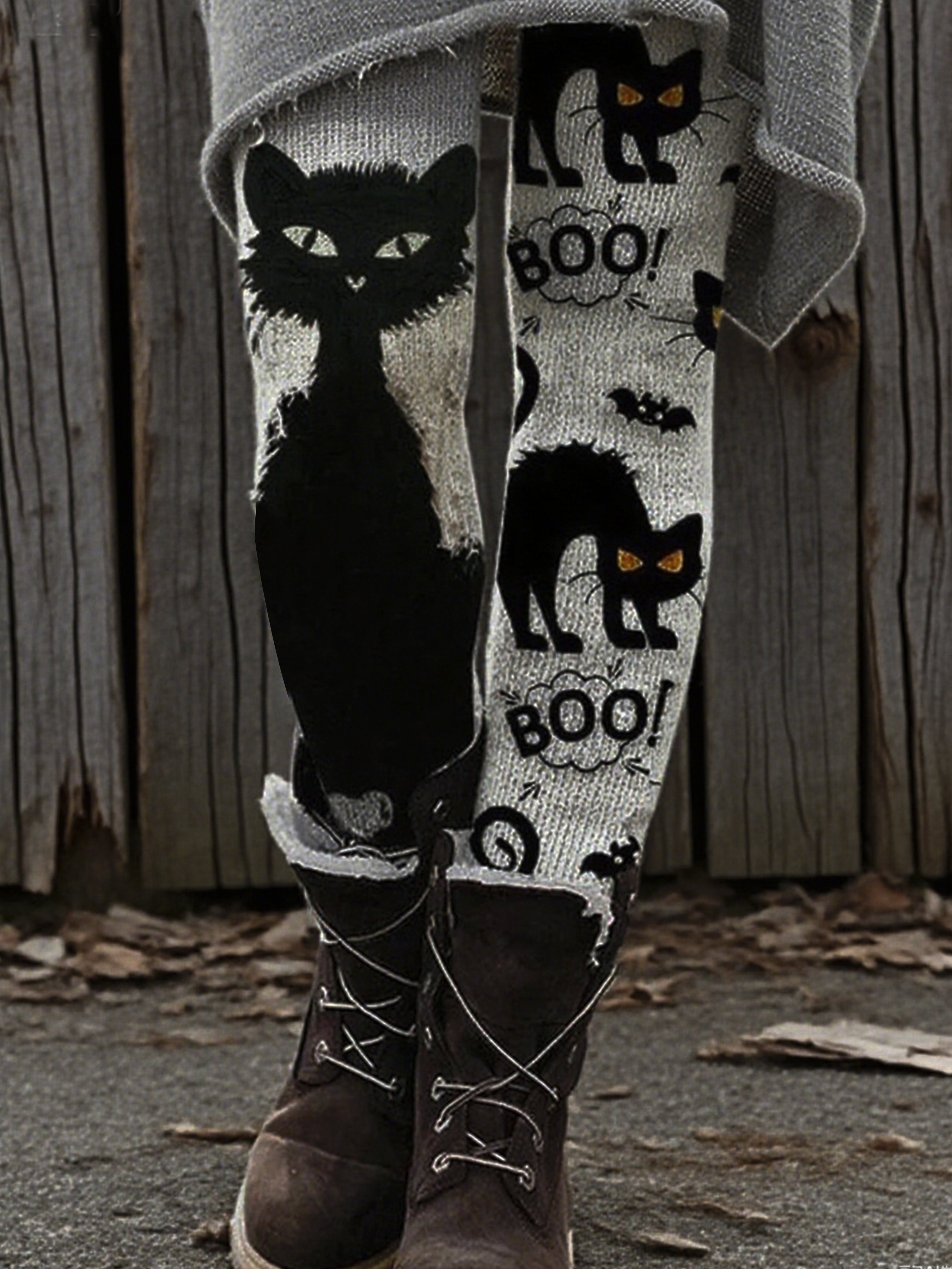 Women's Autumn and Winter Halloween Retro Cute Black Cat Printed Holiday Pants