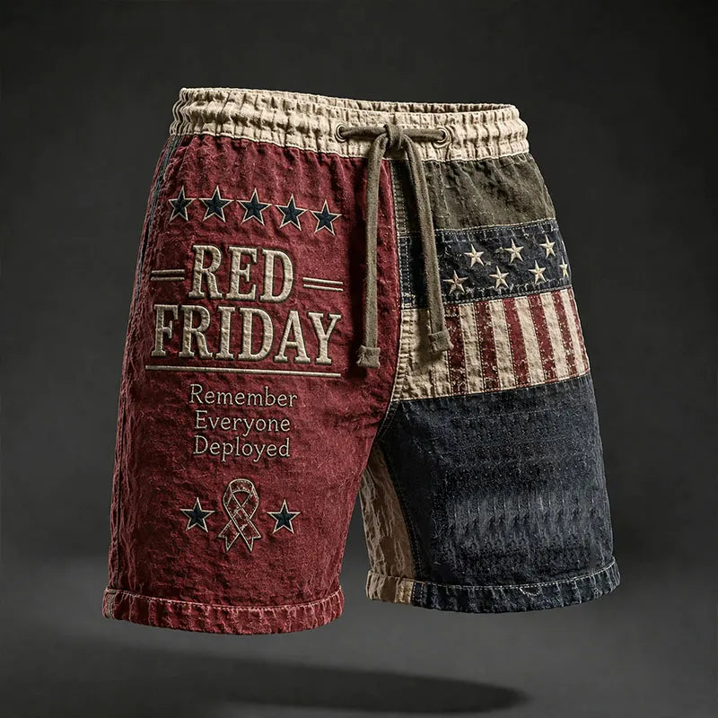RED FRIDAY Remember Everyone Deployed Vintage Patriotic Patchwork Drawstring Shorts