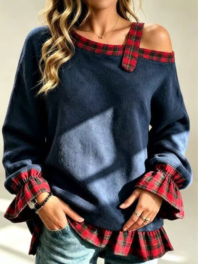 Women'S Asymmetric-Shoulder Plaid Color-Block Sweatshirt