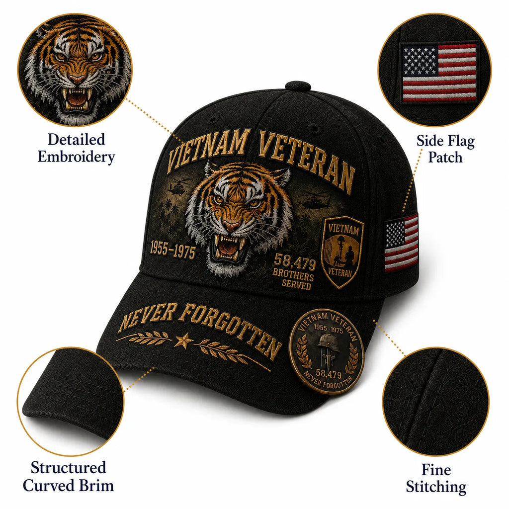 Handmade Vietnam Veteran Tiger Spirit 1955–1975 Commemorative Cap 🇺🇸