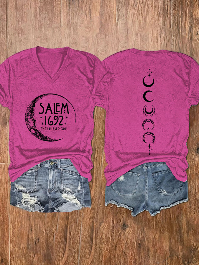 Women's Halloween Salem 1692 They Missed One Print V-Neck T-Shirt