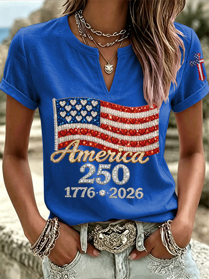Women'S America Flag Printed Casual Cotton Linen Short Sleeved Shirt