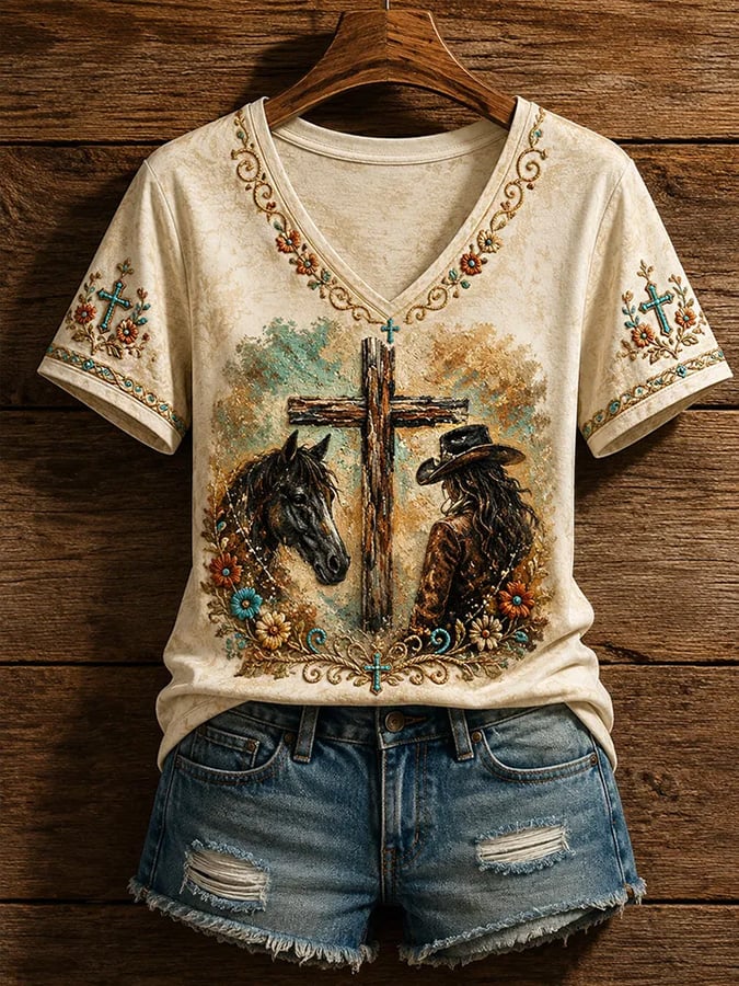 Women's Vintage Western Faith-Print Top