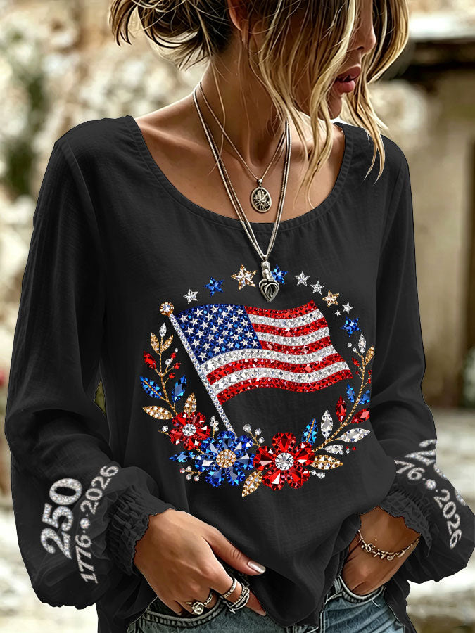 Women'S America Flag Printed Casual Cotton And Linen Top