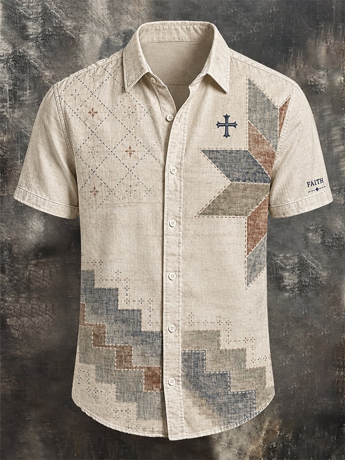 Men's Vintage Faith Faux-Linen Short-Sleeve Shirt