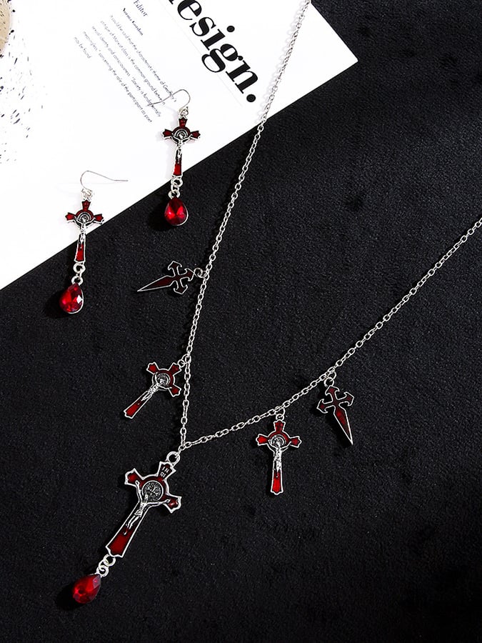Halloween Gothic Dark Cross Bat Necklace Earring Set